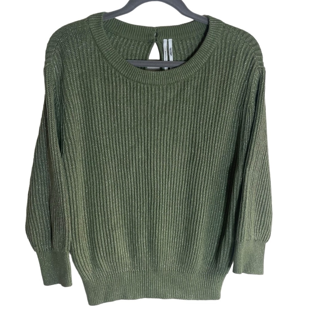 By Anthropologie Dark Green Silver Metallic 3/4 Sleeve Sweater Women’s XS